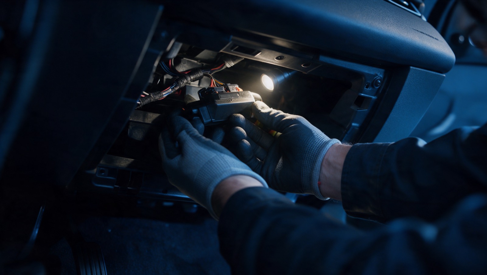 An engineer fitting a concealed tracker behind a dashboard